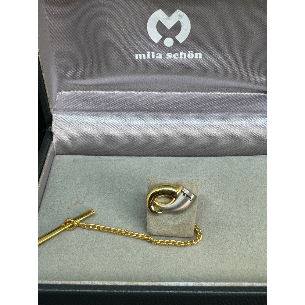 Mila Schön Cufflinks Tie Tack Set of 2 Vintage Gold Tone Black Square - Picture 5 of 10